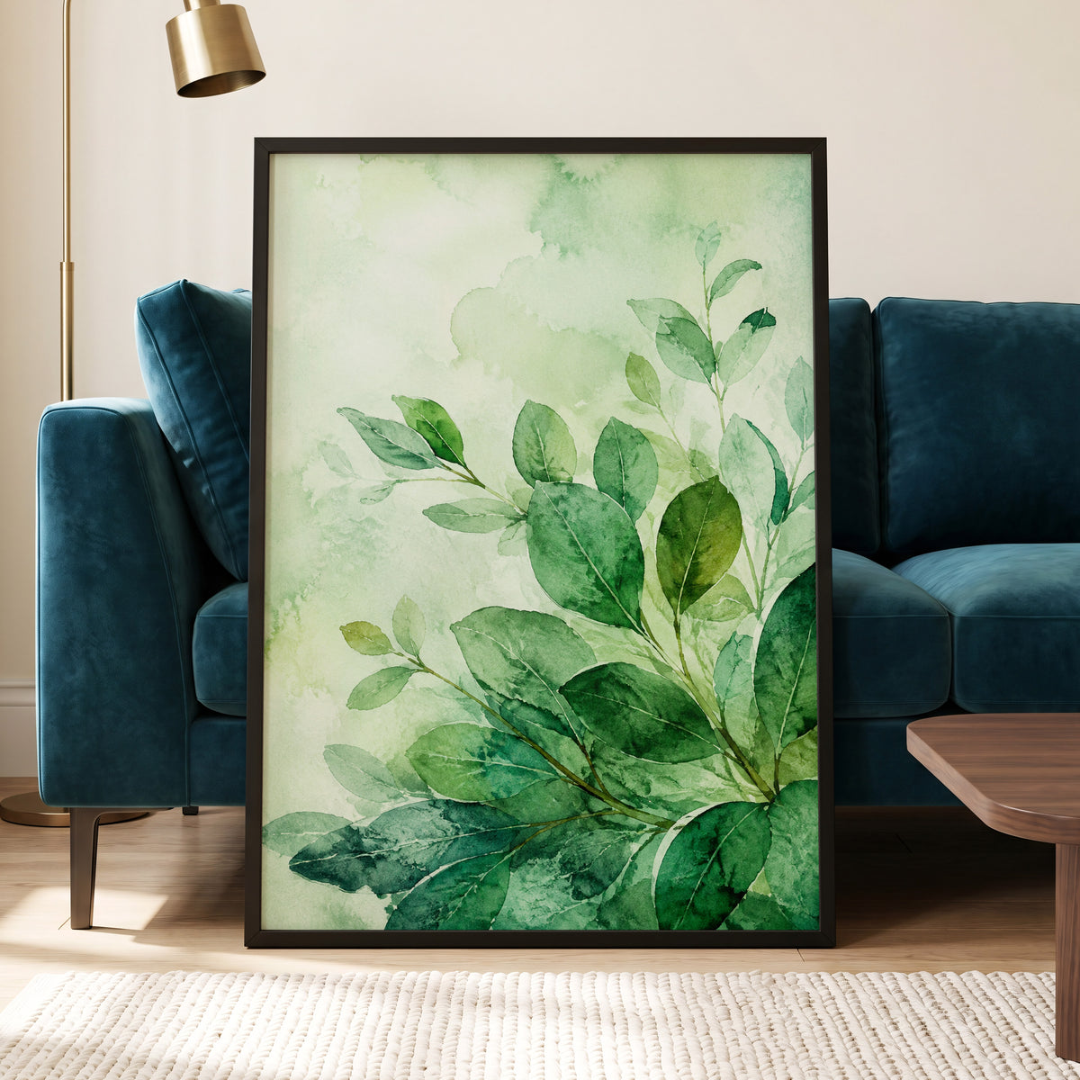 Leaves in Quiet Light, green, white, yellow nature wall art displayed in a styled interior, gallery view 9