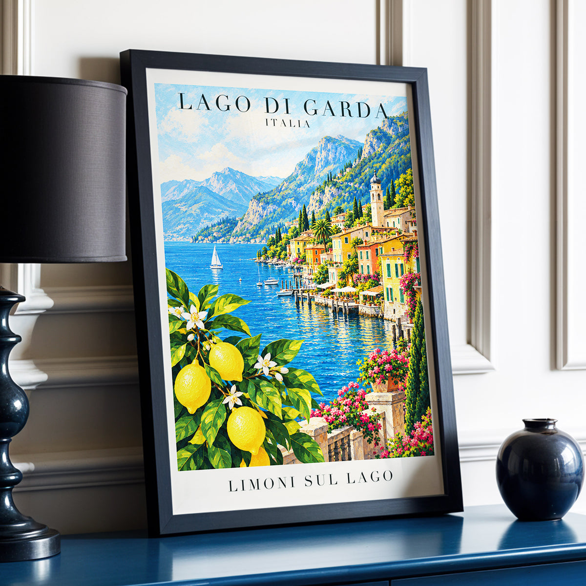 Lemon Light on Garda, blue, green, yellow nature wall art displayed in a styled interior, gallery view 9