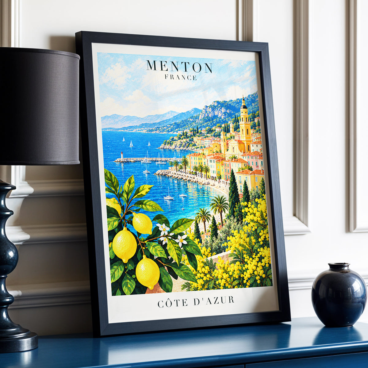 Lemon Riviera, blue, yellow, green nature wall art displayed in a styled interior, gallery view 9