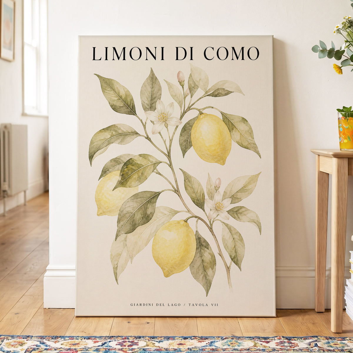 Lemons of Lake Como, yellow, green, beige nature wall art on canvas displayed in a styled interior, gallery view 2