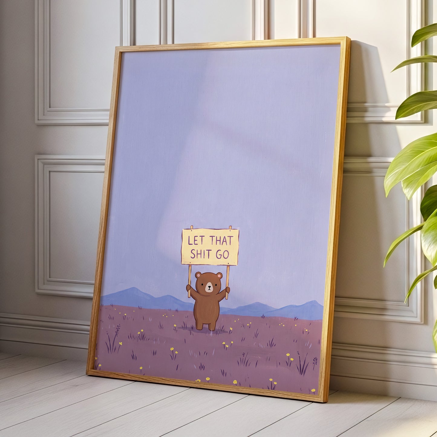 Let It Go, Little Bear, purple, blue, brown minimalist wall art displayed in a styled interior, gallery view 9
