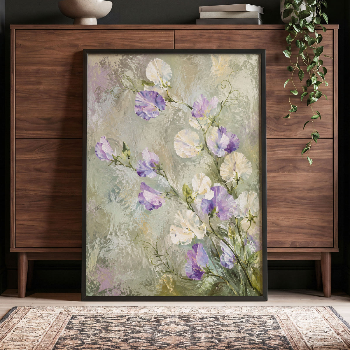 Lilac Tendrils, purple, white, green floral wall art displayed in a styled interior, gallery view 9