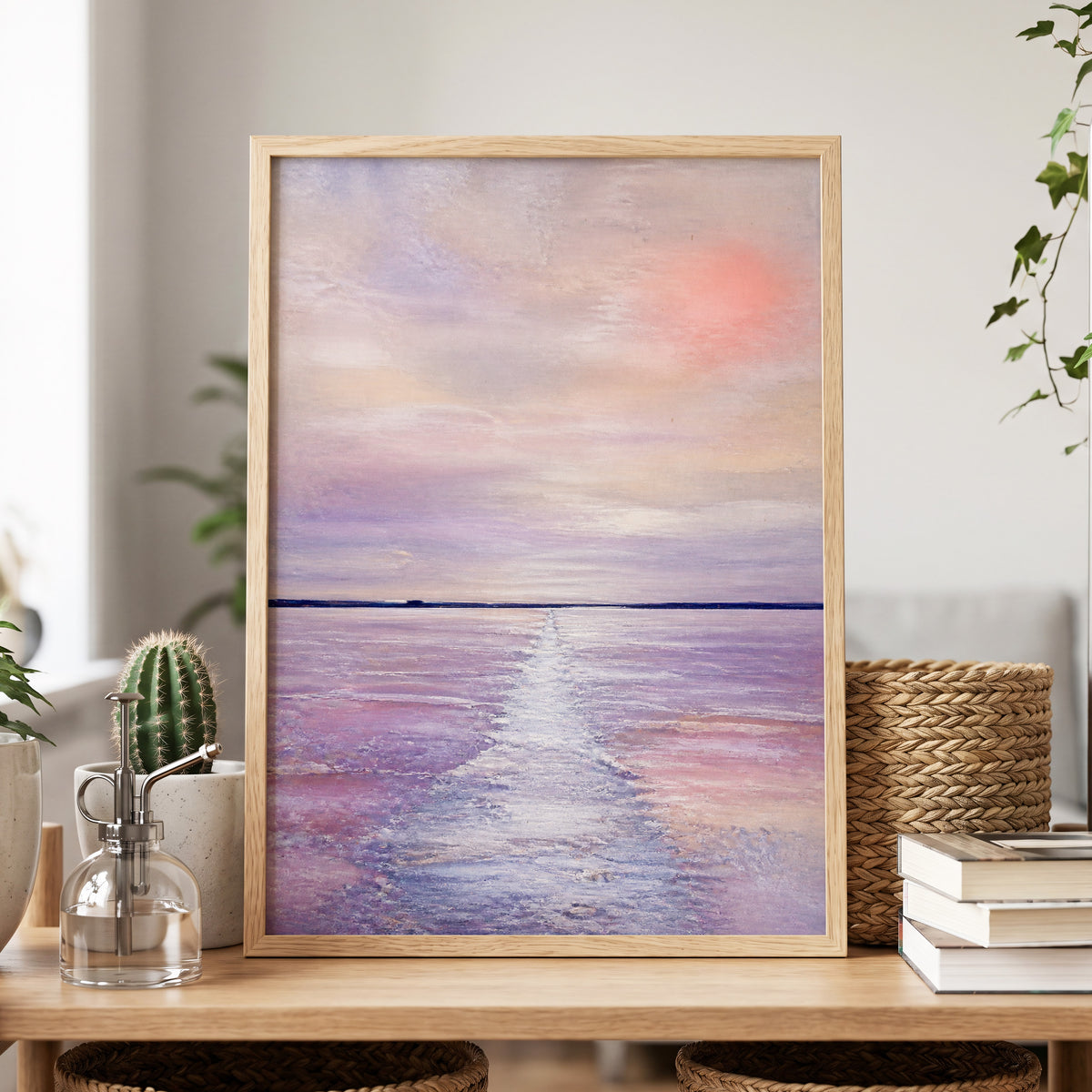 Lilac Tide, purple, pink, blue nature wall art displayed in a styled interior, gallery view 9