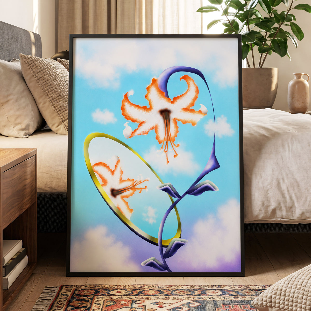 Lily in the Looking Glass, blue, white, orange floral wall art displayed in a styled interior, gallery view 9