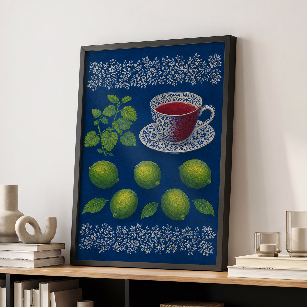 Lime & Porcelain, blue, green, beige nature wall art displayed in a styled interior, gallery view 9