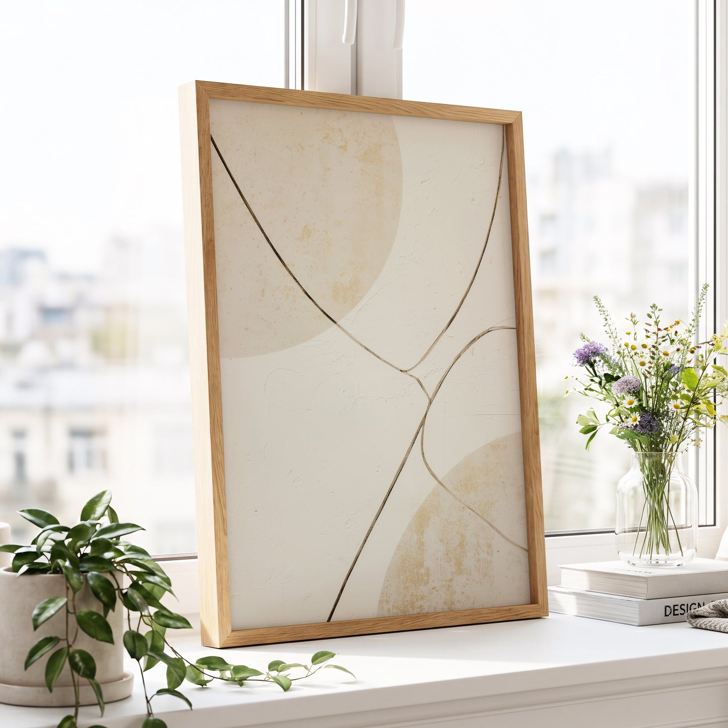 Linen Curve Confluence, white, beige, brown minimalist wall art displayed in a styled interior, gallery view 9