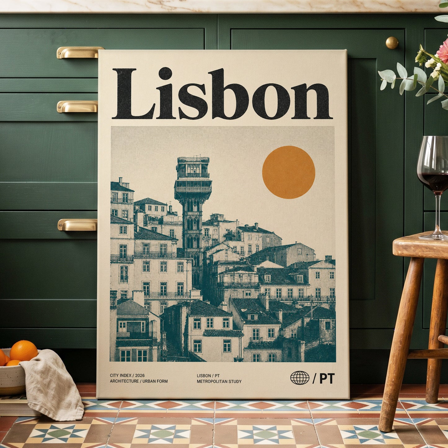 Lisbon Ascender, beige, green, gold minimalist wall art on canvas displayed in a styled interior, gallery view 2