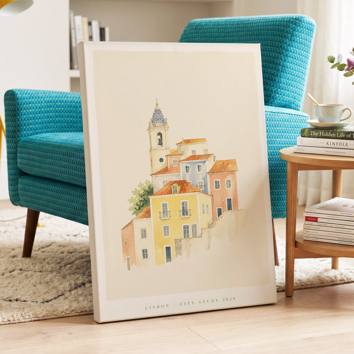 Lisbon Rooftop Reverie, beige, orange, yellow minimalist wall art on canvas displayed in a styled interior, gallery view 2