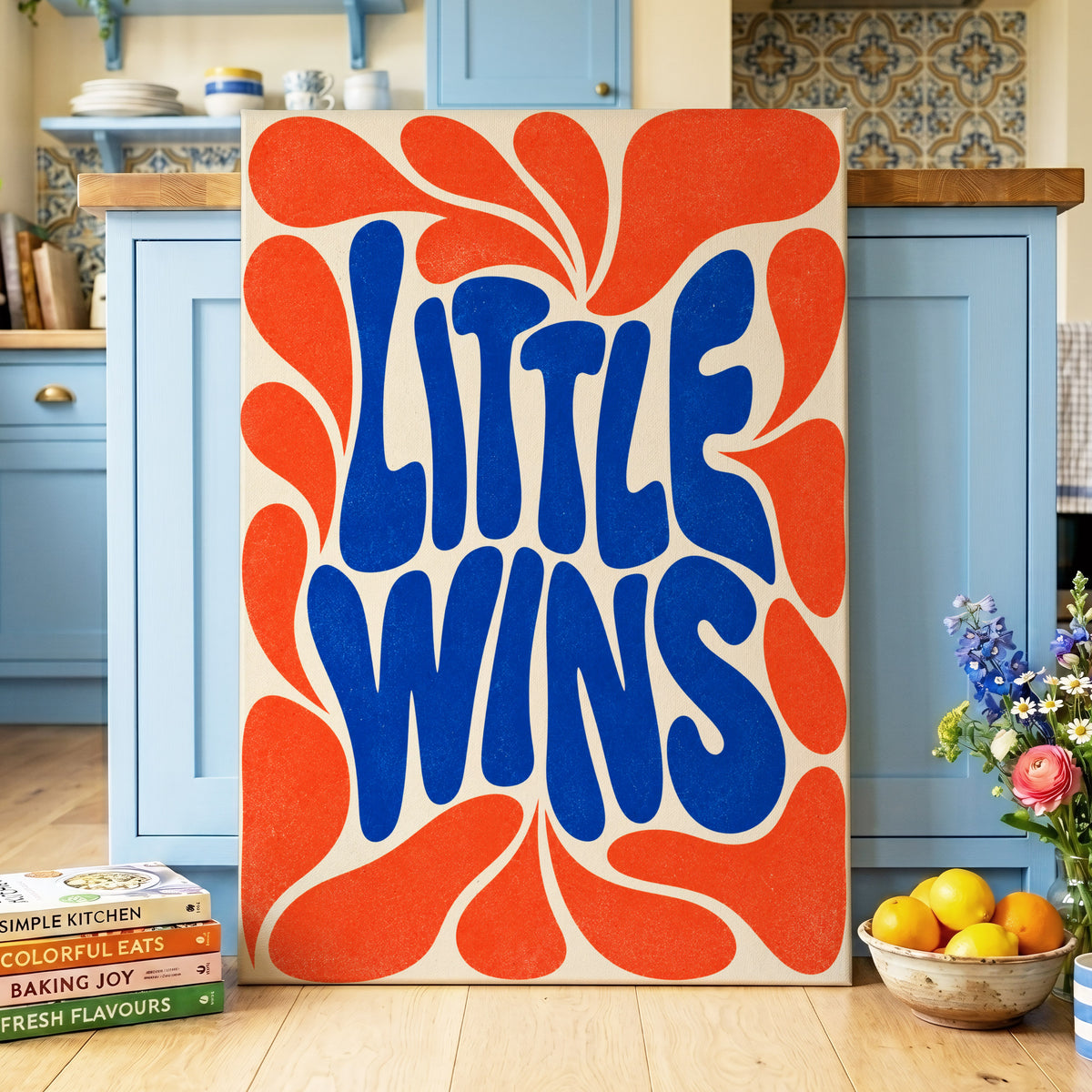 Little Wins in Motion, blue, orange, beige abstract wall art on canvas displayed in a styled interior, gallery view 2
