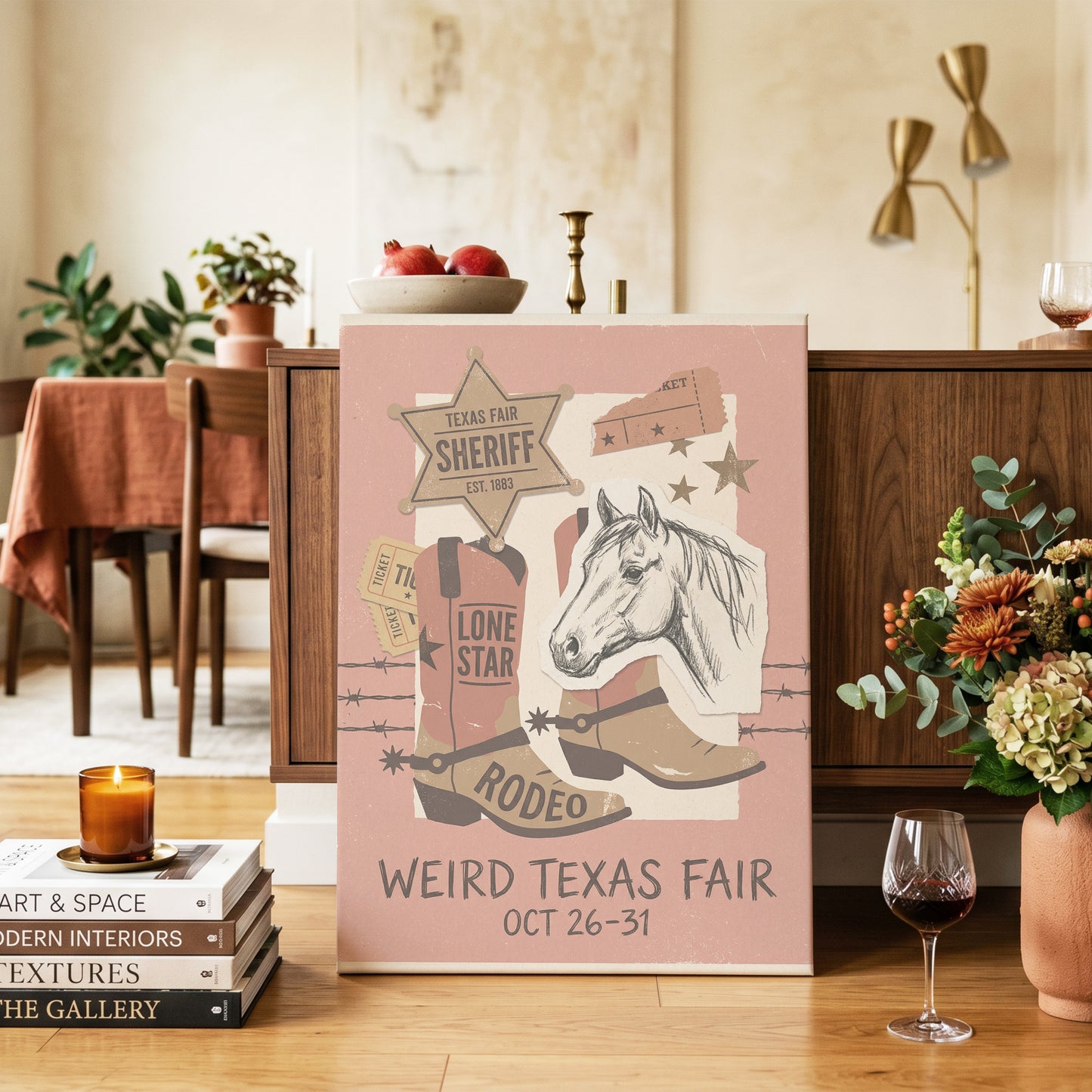 Lone Star Rodeo Collage, pink, beige, brown nature wall art on canvas displayed in a styled interior, gallery view 2