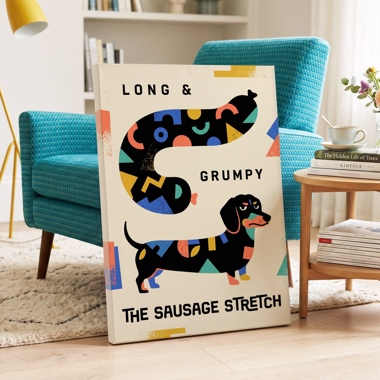 Long & Grumpy Dachshund, beige, black, blue abstract wall art on canvas displayed in a styled interior, gallery view 2