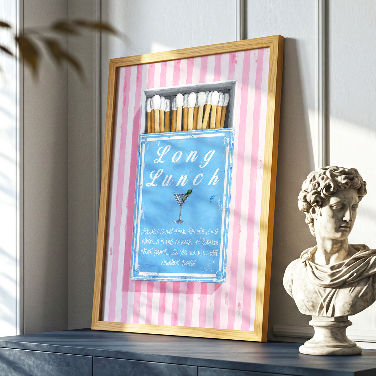 Long Lunch Club, pink, blue, white abstract wall art displayed in a styled interior, gallery view 9