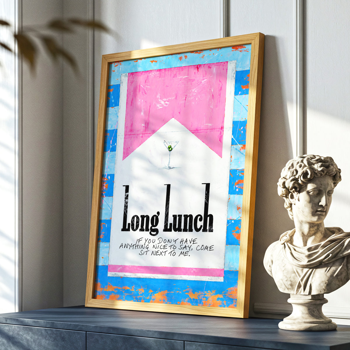 Long Lunch Society, blue, pink, white abstract wall art displayed in a styled interior, gallery view 9