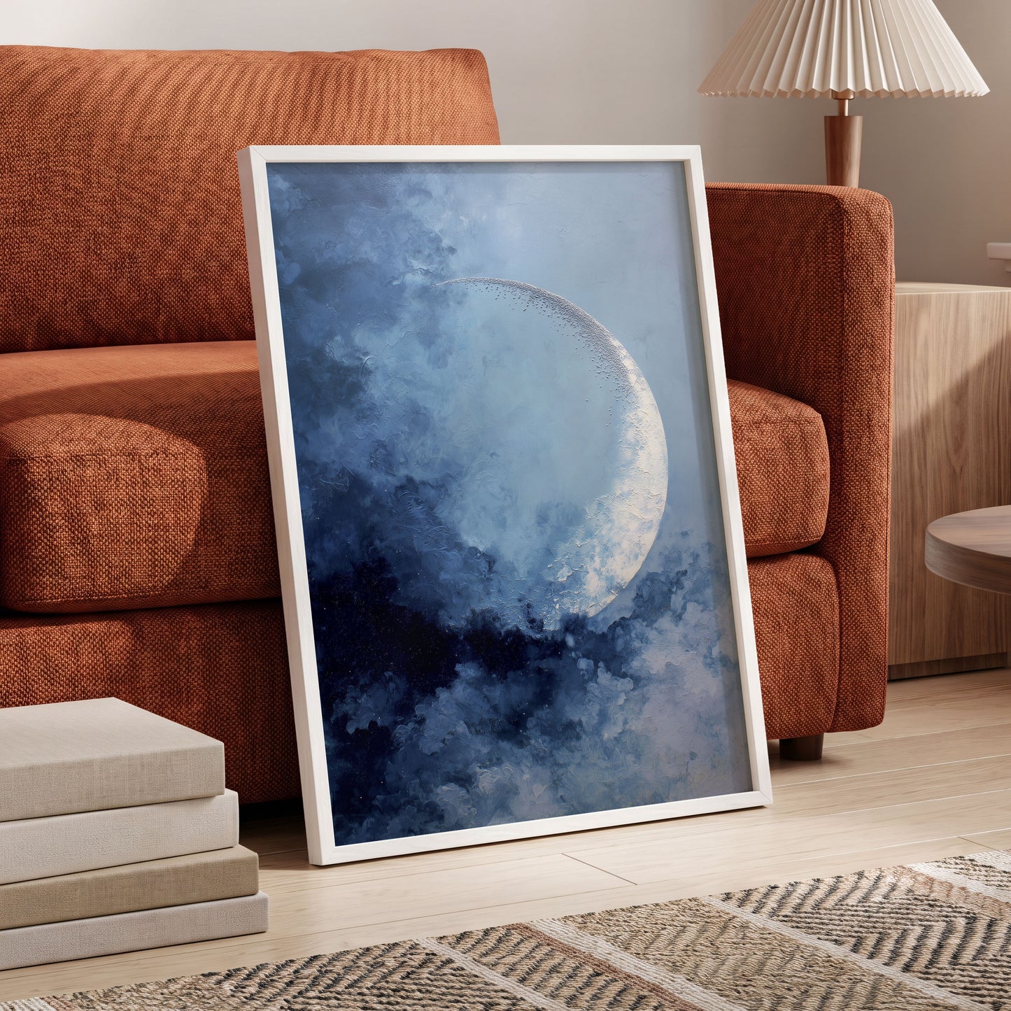 Lunar Veil, blue, white, gray nature wall art displayed in a styled interior, gallery view 9