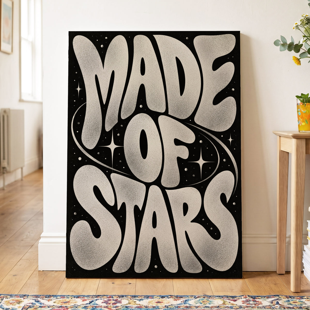 Made of Stars, black, white abstract wall art on canvas displayed in a styled interior, gallery view 2