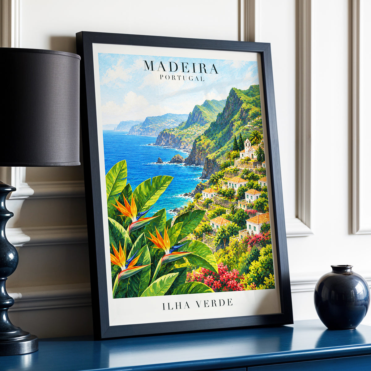 Madeira in Bloom, green, blue, orange nature wall art displayed in a styled interior, gallery view 9