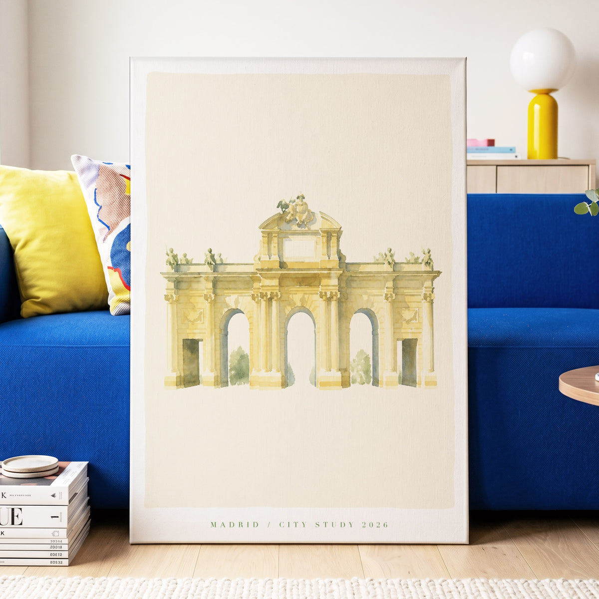 Madrid Arches, beige, gold, green minimalist wall art on canvas displayed in a styled interior, gallery view 2