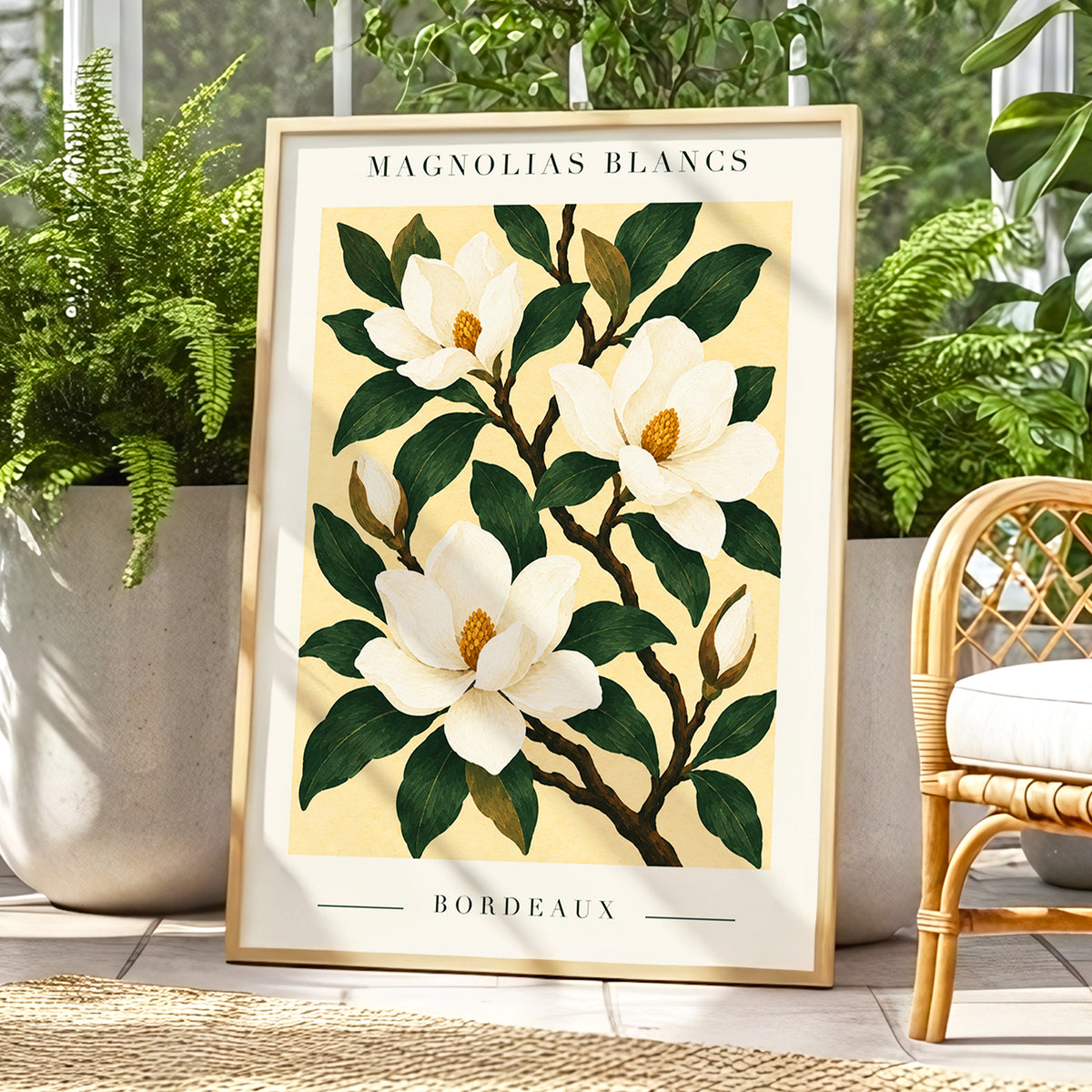 Magnolias of Bordeaux, green, white, beige floral wall art displayed in a styled interior, gallery view 9