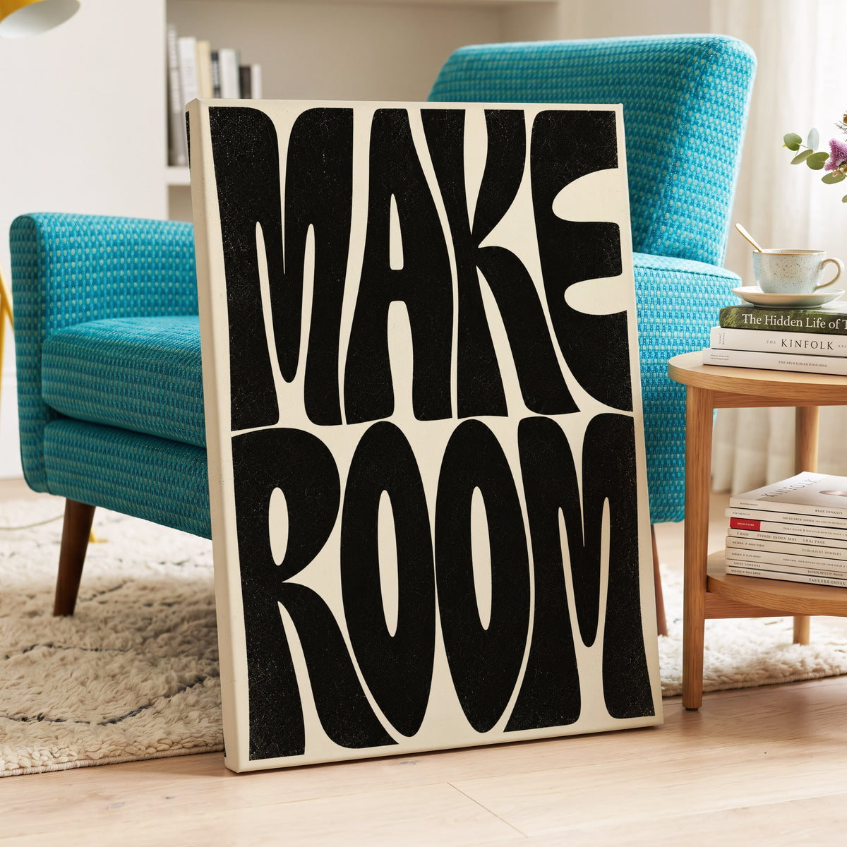 Make Room, black, beige minimalist wall art on canvas displayed in a styled interior, gallery view 2