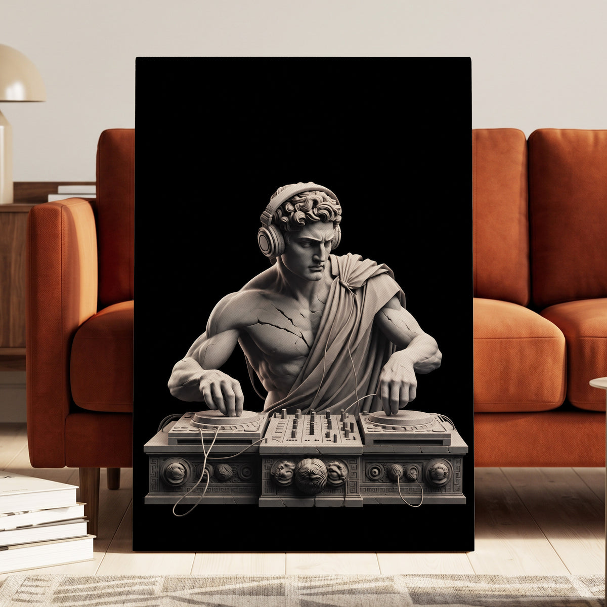 Marble Mixmaster, black, gray, white minimalist wall art on canvas displayed in a styled interior, gallery view 2