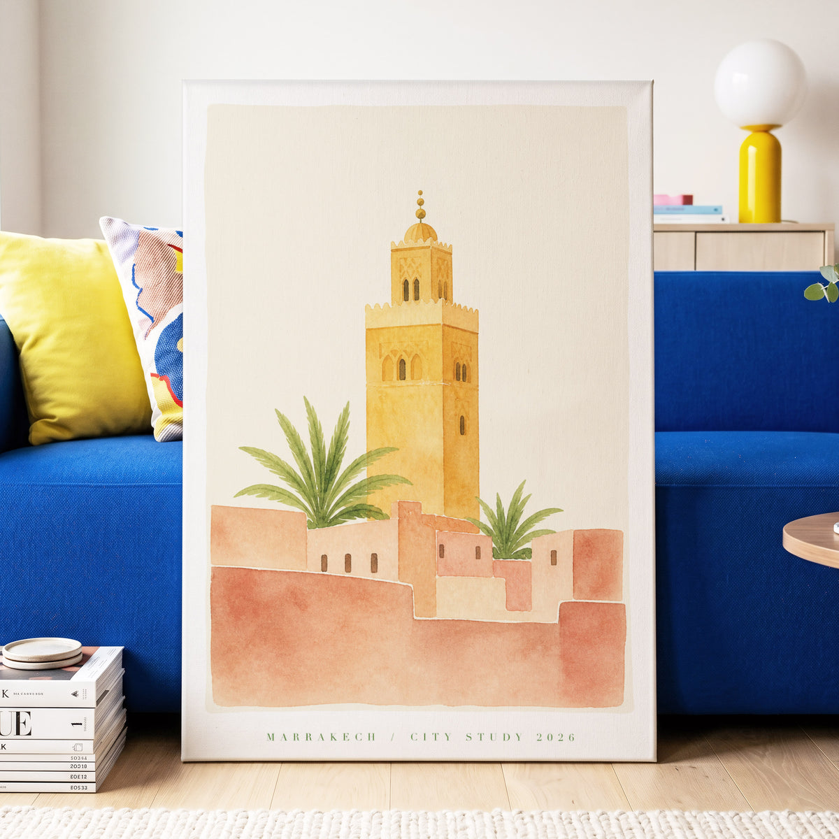 Marrakech Tower Study, beige, orange, green minimalist wall art on canvas displayed in a styled interior, gallery view 2