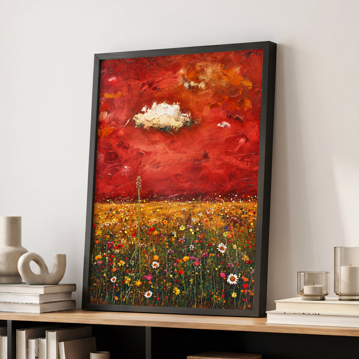 Meadow Under Ember Skies, red, orange, yellow floral wall art displayed in a styled interior, gallery view 9