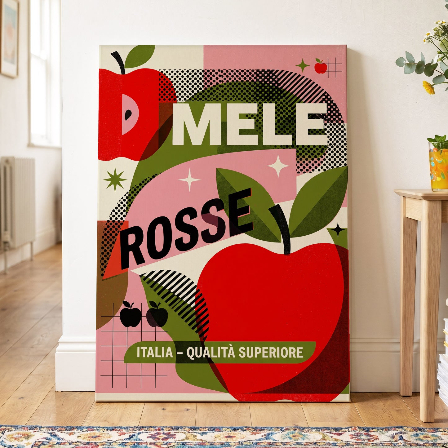 Mele Rosse Orchard, red, green, pink nature wall art on canvas displayed in a styled interior, gallery view 2