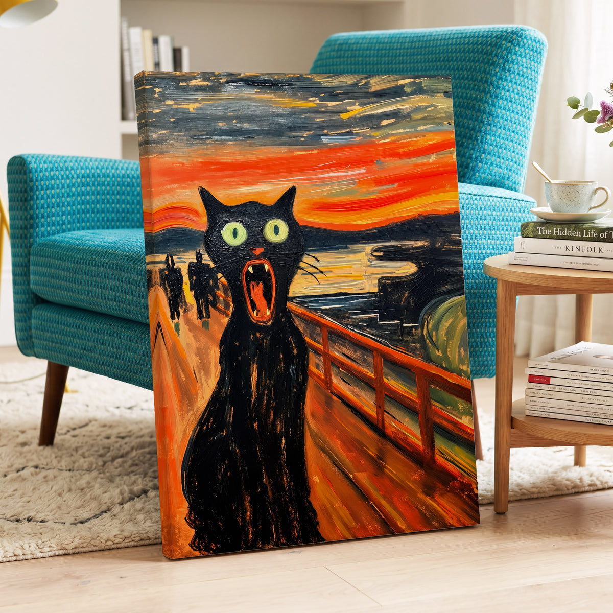 Midnight Cat's Cry, black, orange, gray abstract wall art on canvas displayed in a styled interior, gallery view 2
