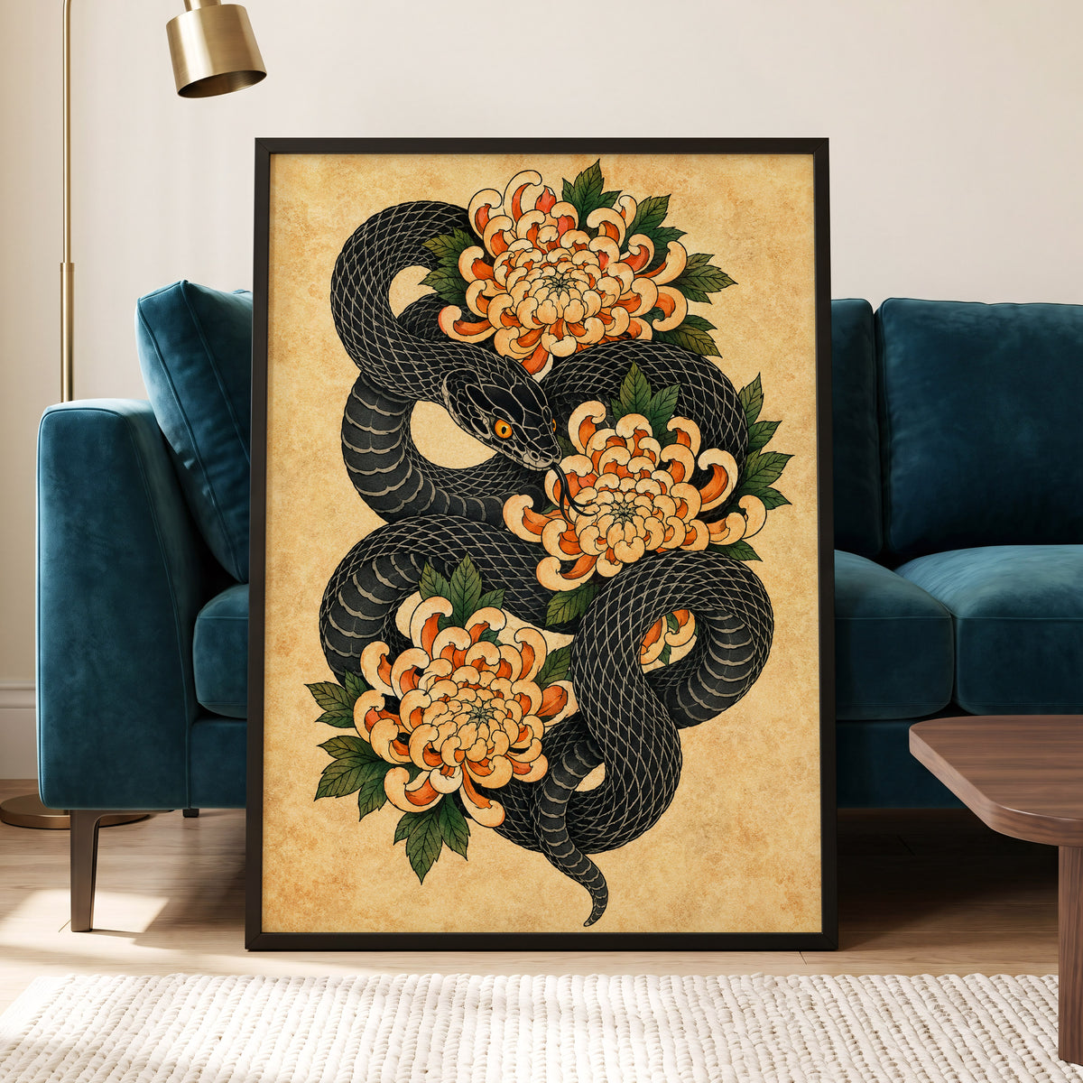 Midnight Chrysanthemum, black, orange, green nature wall art displayed in a styled interior, gallery view 9