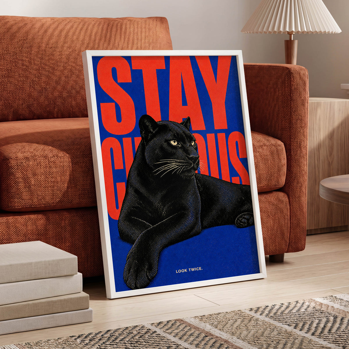 Midnight Curiosity, black, blue, orange nature wall art displayed in a styled interior, gallery view 9