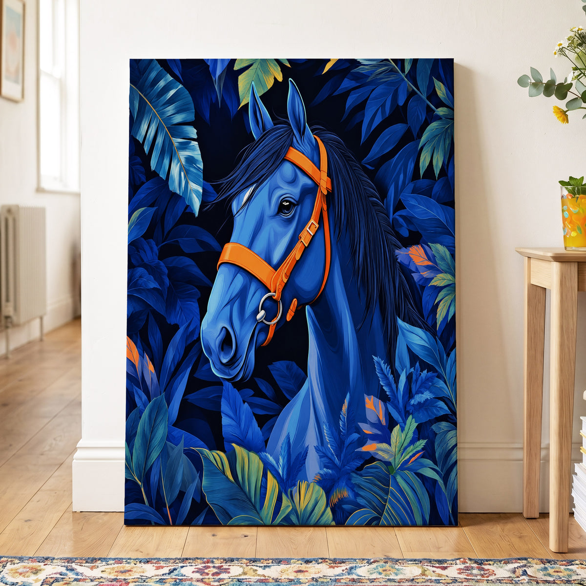 Midnight Equine, blue, orange, black nature wall art on canvas displayed in a styled interior, gallery view 2