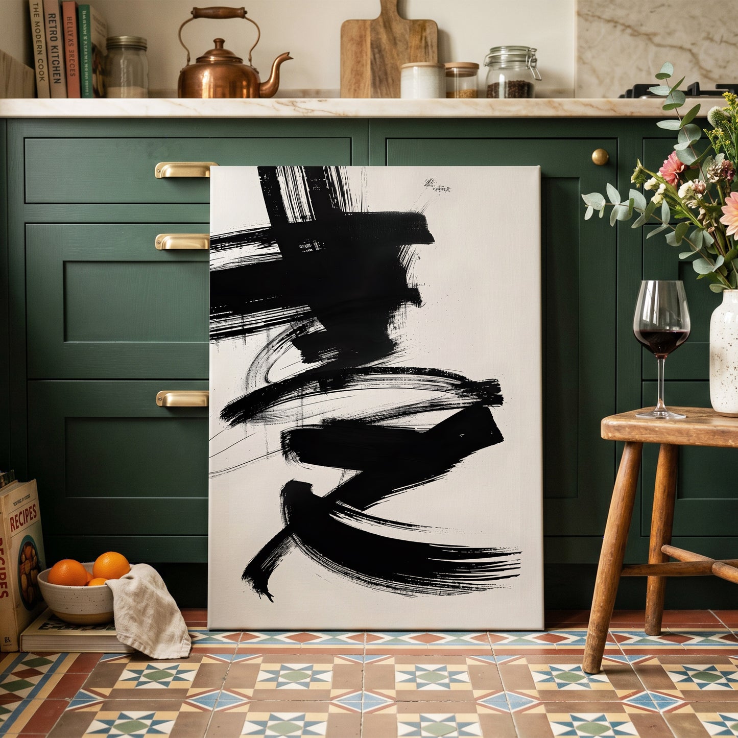 Midnight Gestures, black, white abstract wall art on canvas displayed in a styled interior, gallery view 2