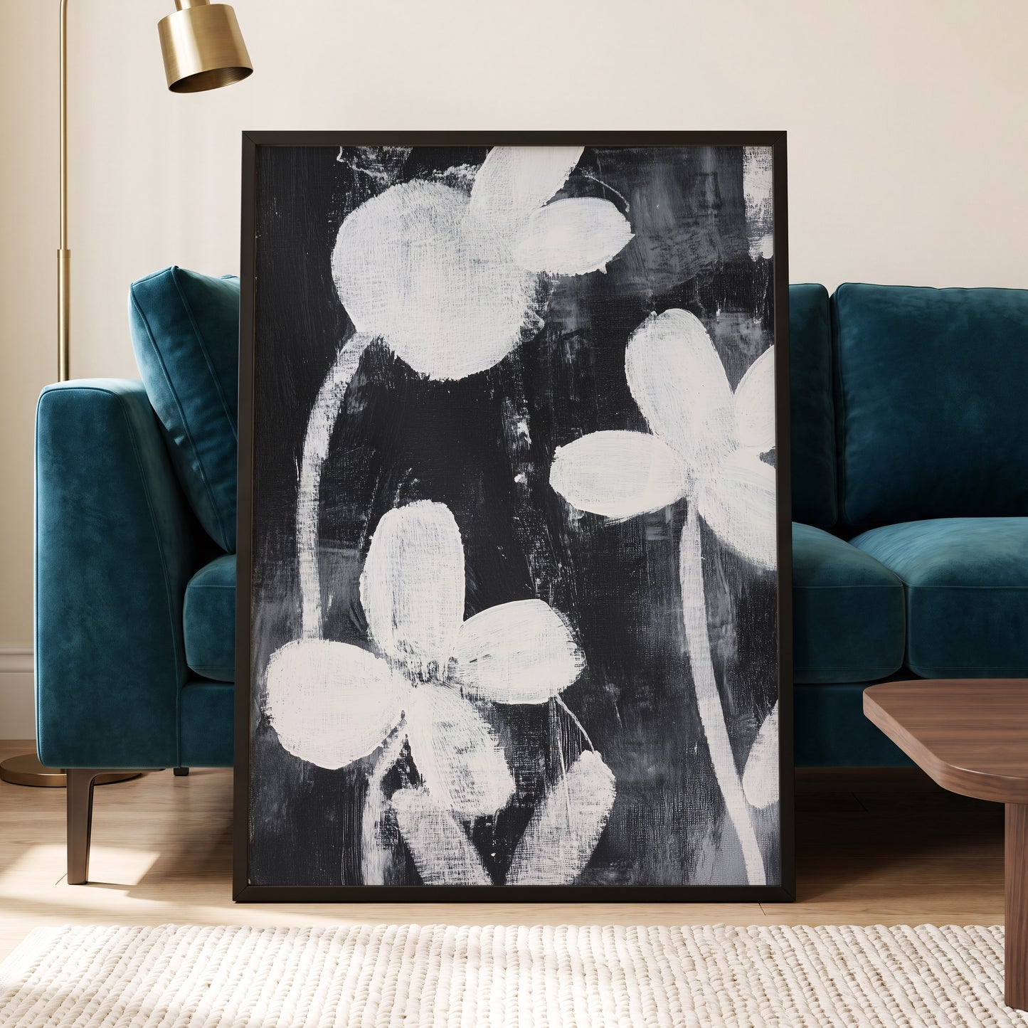 Midnight Petal Study, black, white, gray floral wall art displayed in a styled interior, gallery view 9