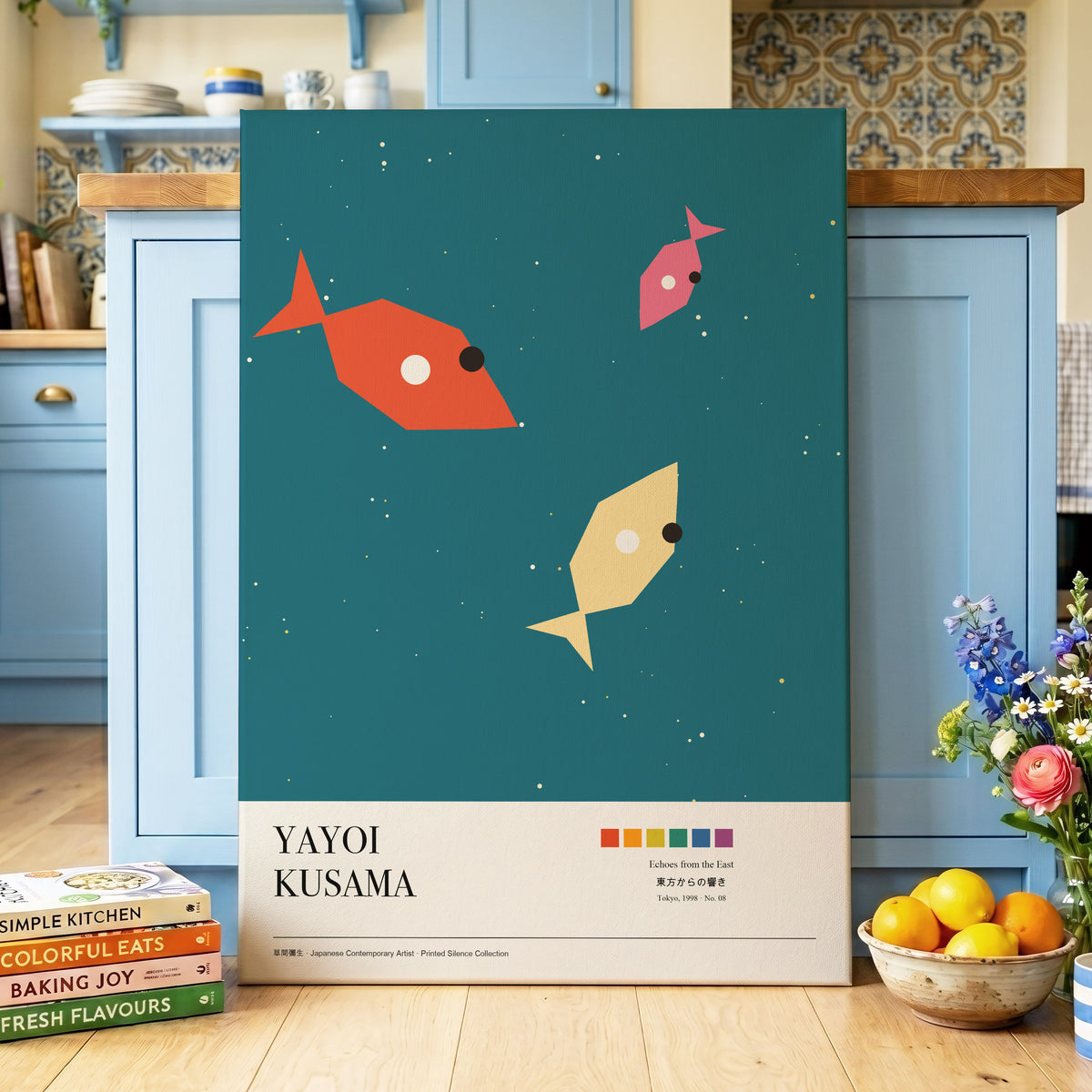 Midnight Shoal, blue, beige, orange nature wall art on canvas displayed in a styled interior, gallery view 2