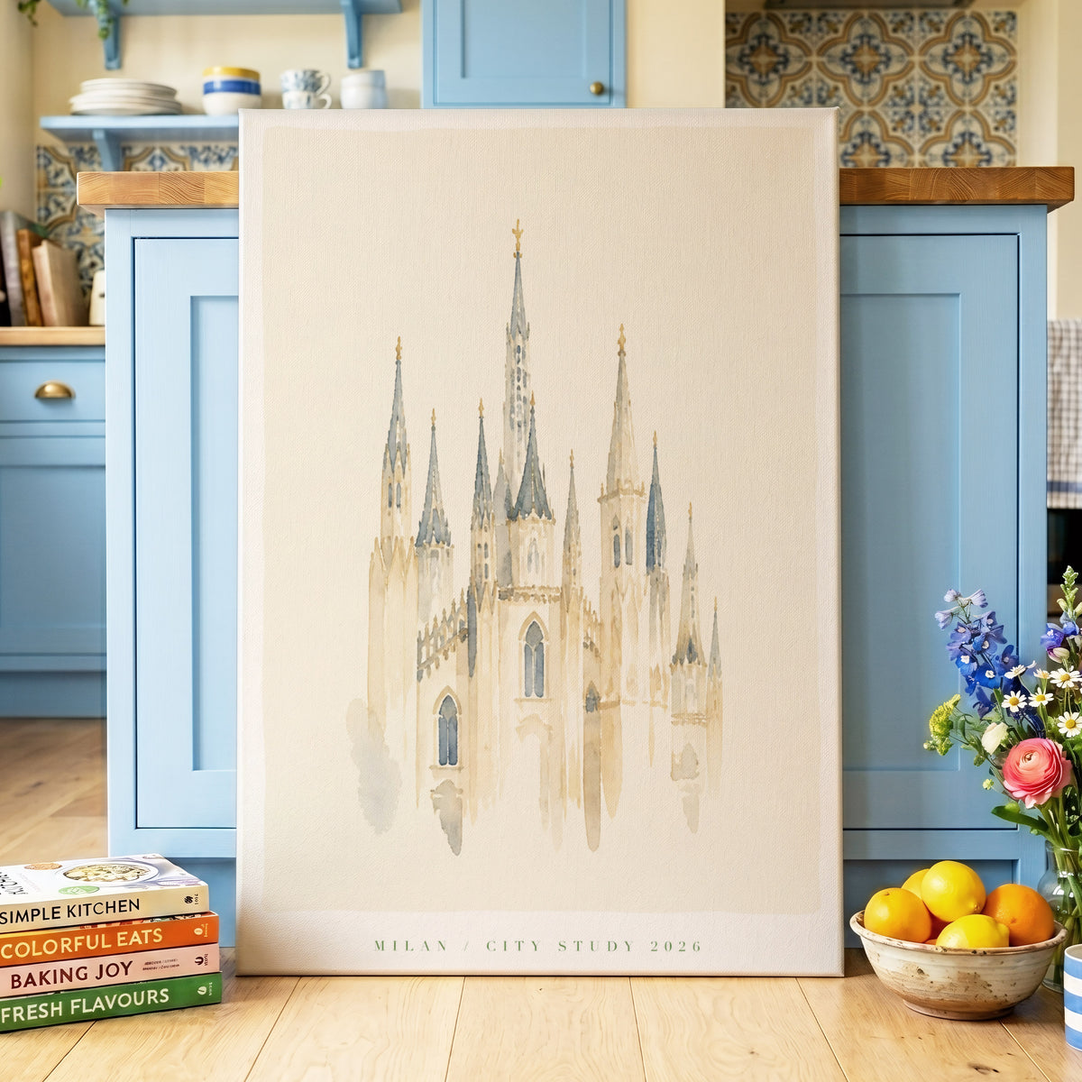 Milan Spires, beige, blue, white minimalist wall art on canvas displayed in a styled interior, gallery view 2