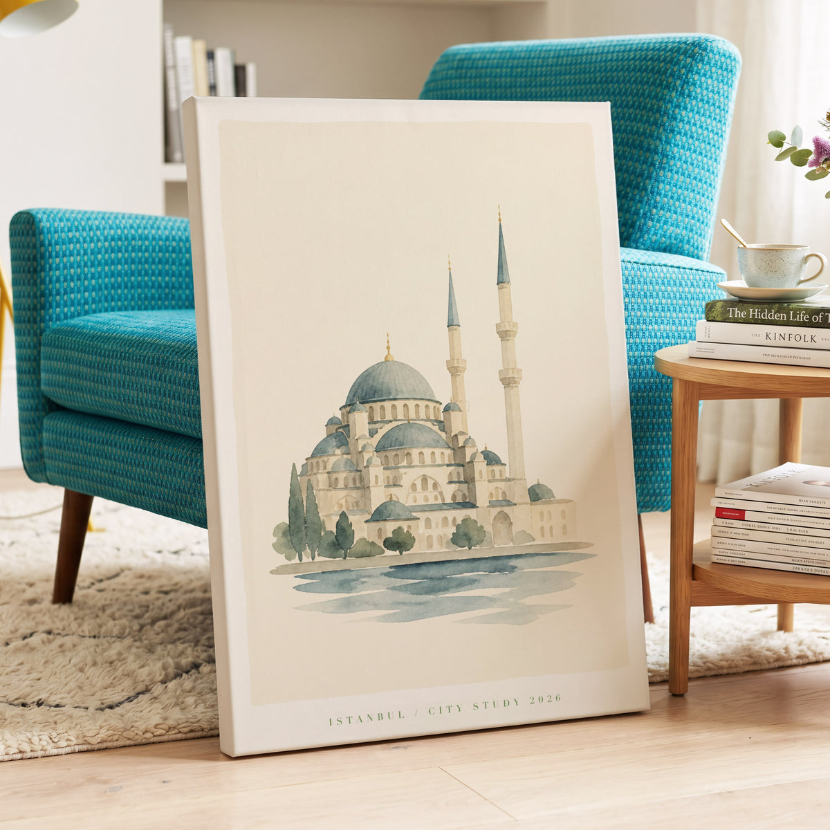 Minarets of Istanbul, beige, blue, green minimalist wall art on canvas displayed in a styled interior, gallery view 2