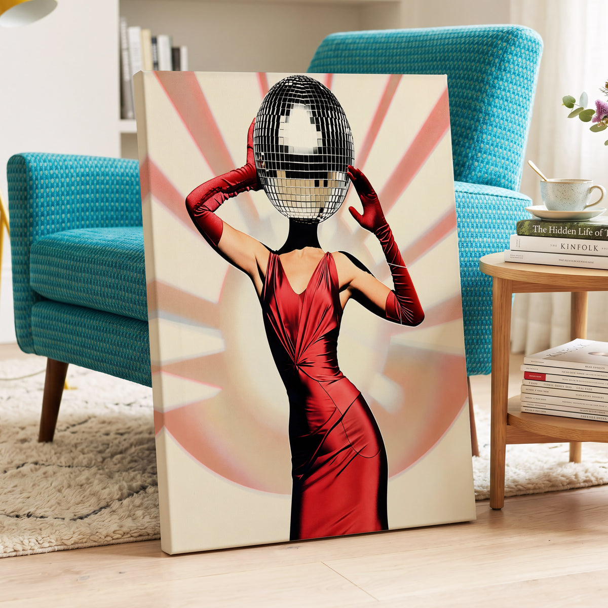 Mirrorball Muse, red, black, beige abstract wall art on canvas displayed in a styled interior, gallery view 2
