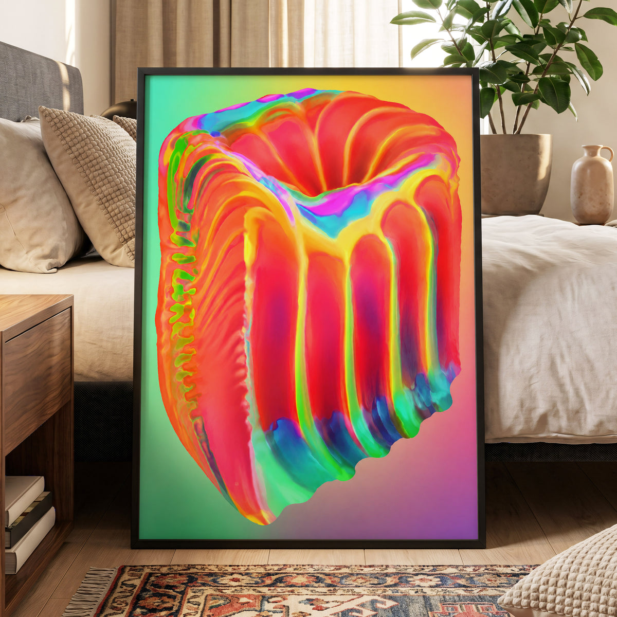 Molten Spectrum, red, orange, yellow abstract wall art displayed in a styled interior, gallery view 9