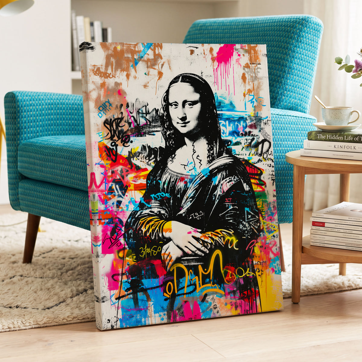 Mona in Neon, multicolor, black, white abstract wall art on canvas displayed in a styled interior, gallery view 2