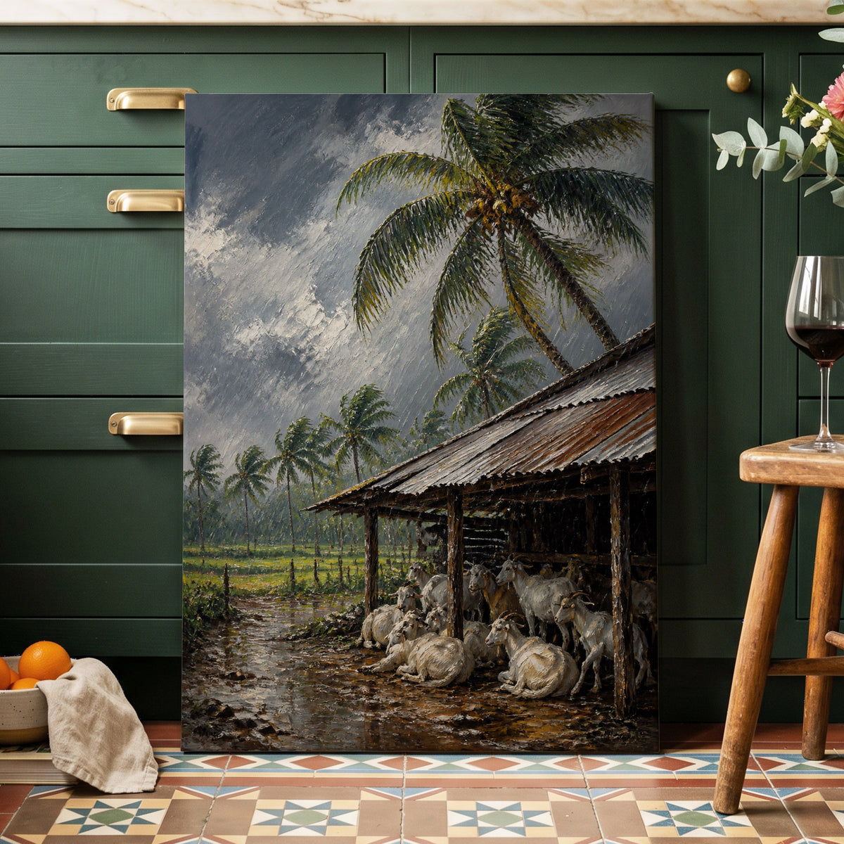 Monsoon Shelter, gray, green, brown nature wall art on canvas displayed in a styled interior, gallery view 2