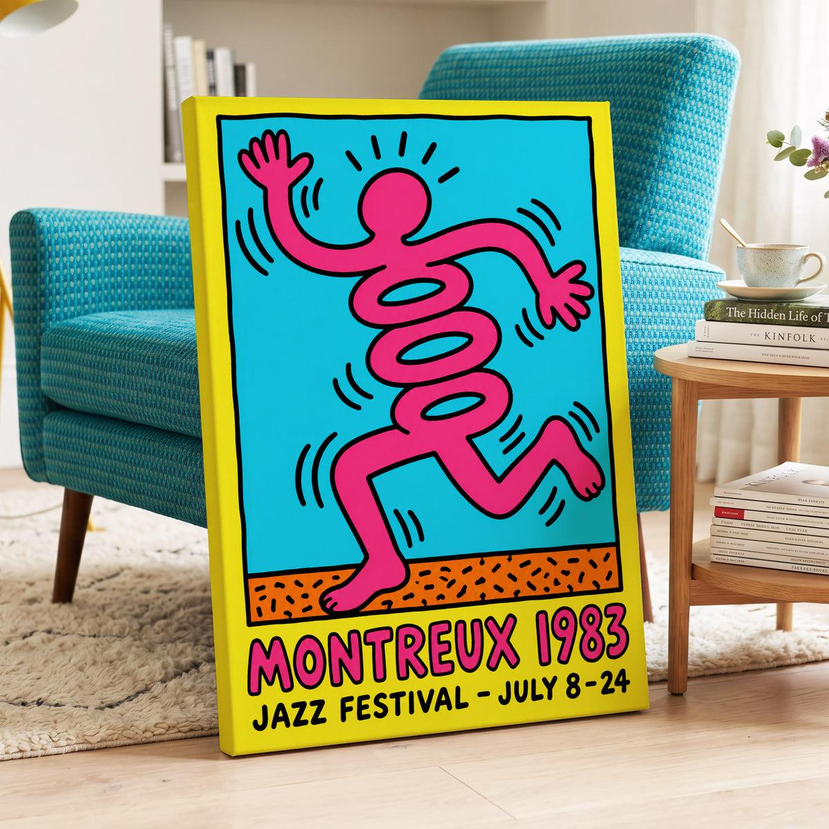 Montreux Motion, pink, blue, yellow abstract wall art on canvas displayed in a styled interior, gallery view 2