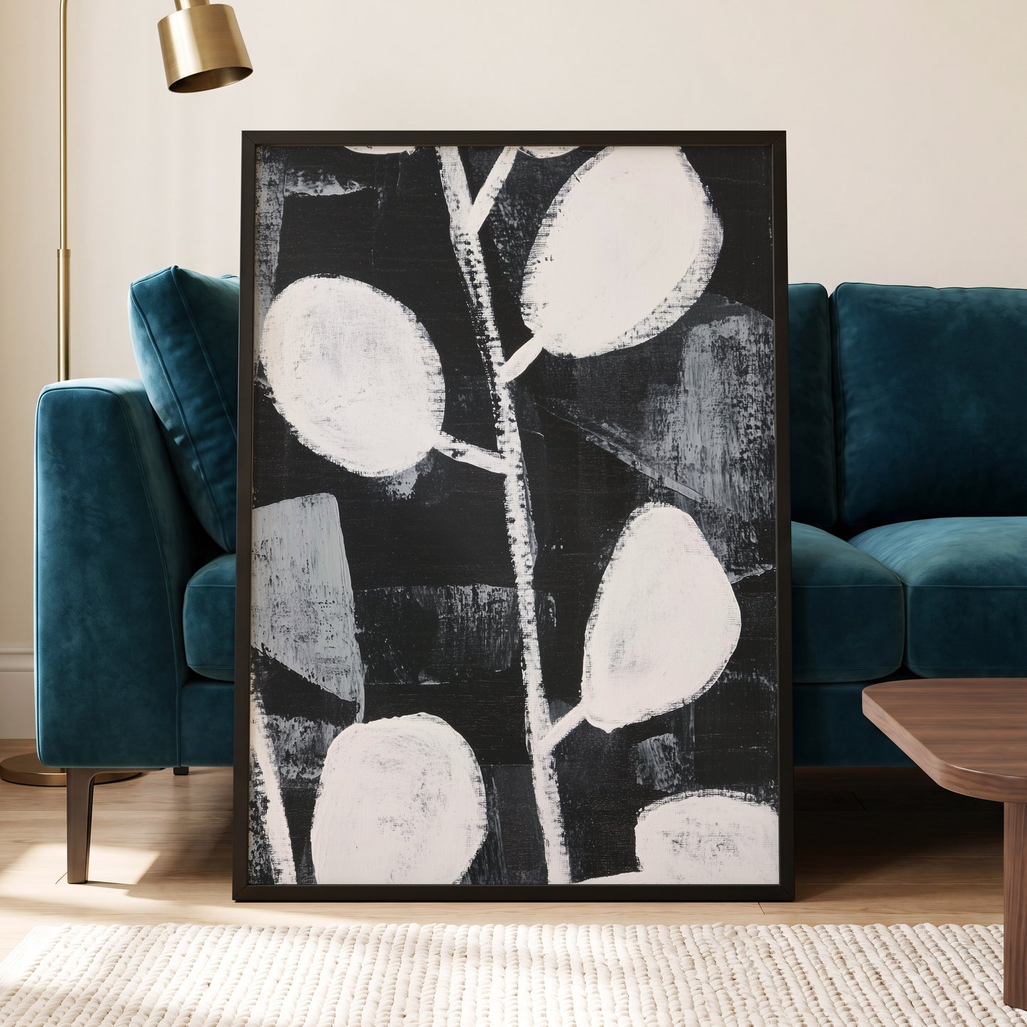Moonleaf Nocturne, black, white, gray nature wall art displayed in a styled interior, gallery view 9