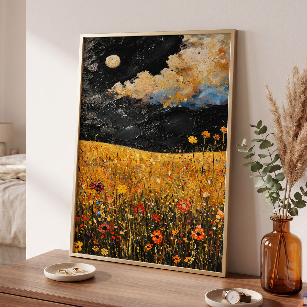 Moonlit Amber Meadow, black, gold, orange floral wall art displayed in a styled interior, gallery view 9