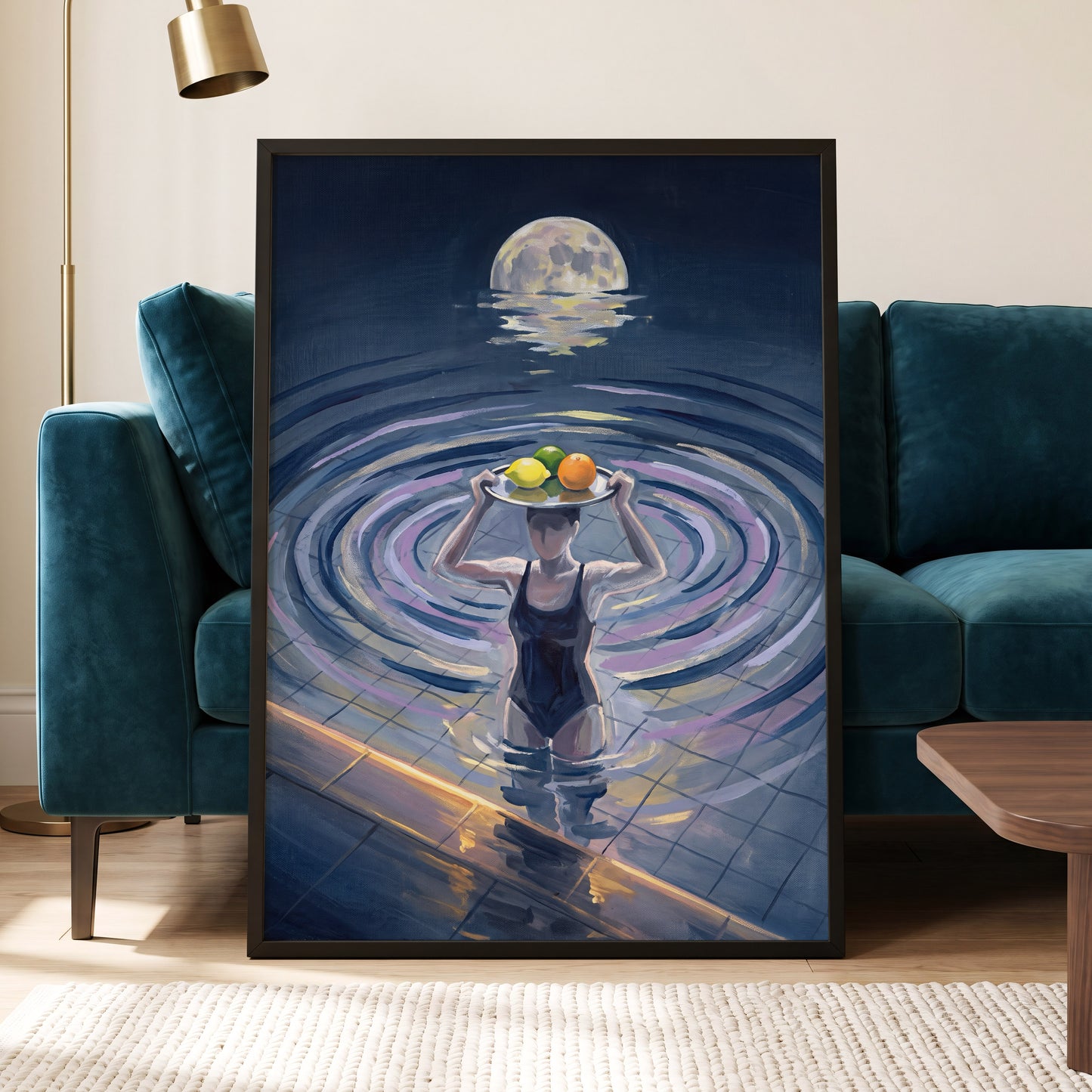 Moonlit Citrus, blue, gray, purple abstract wall art displayed in a styled interior, gallery view 9