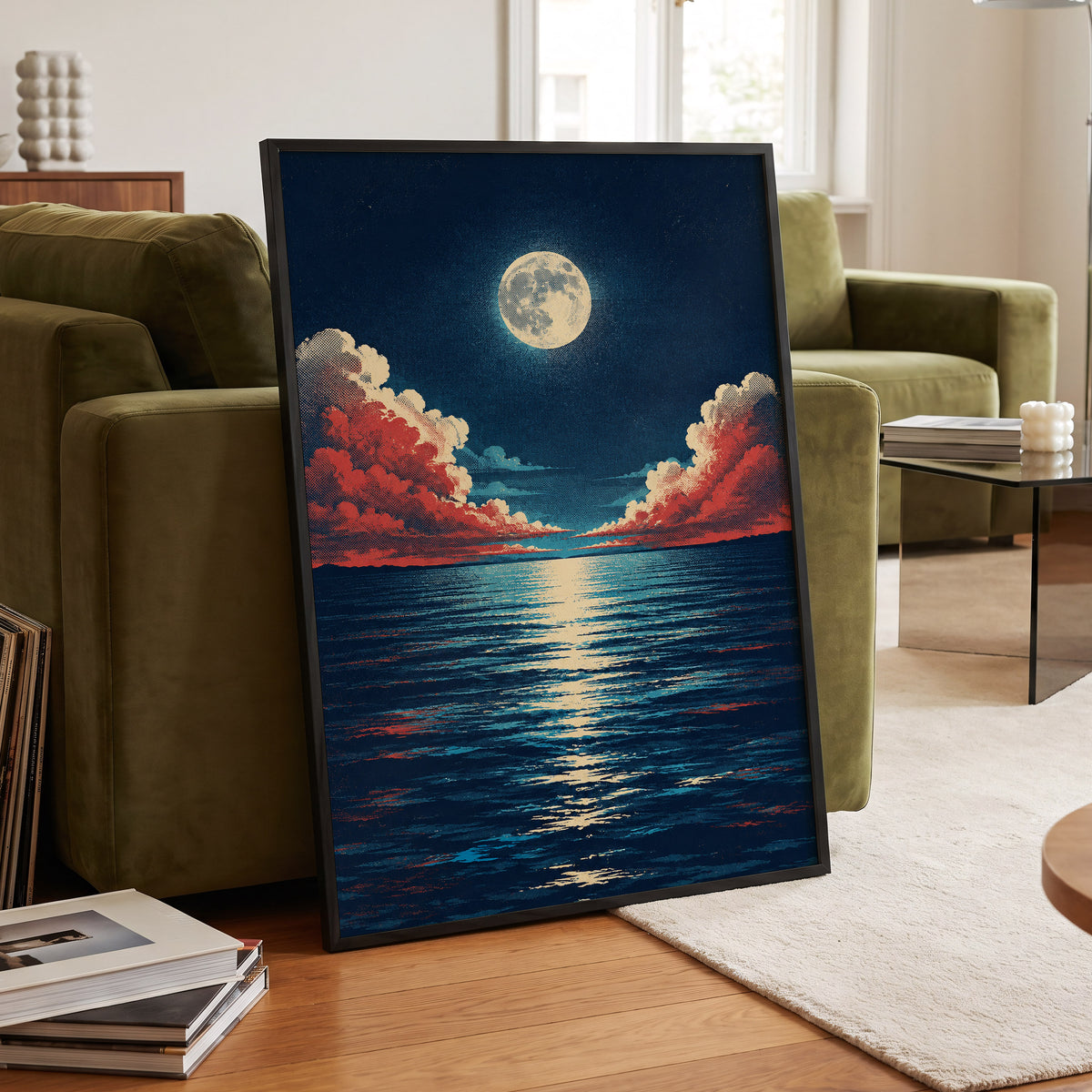 Moonlit Ember Sea, blue, red, beige nature wall art displayed in a styled interior, gallery view 9