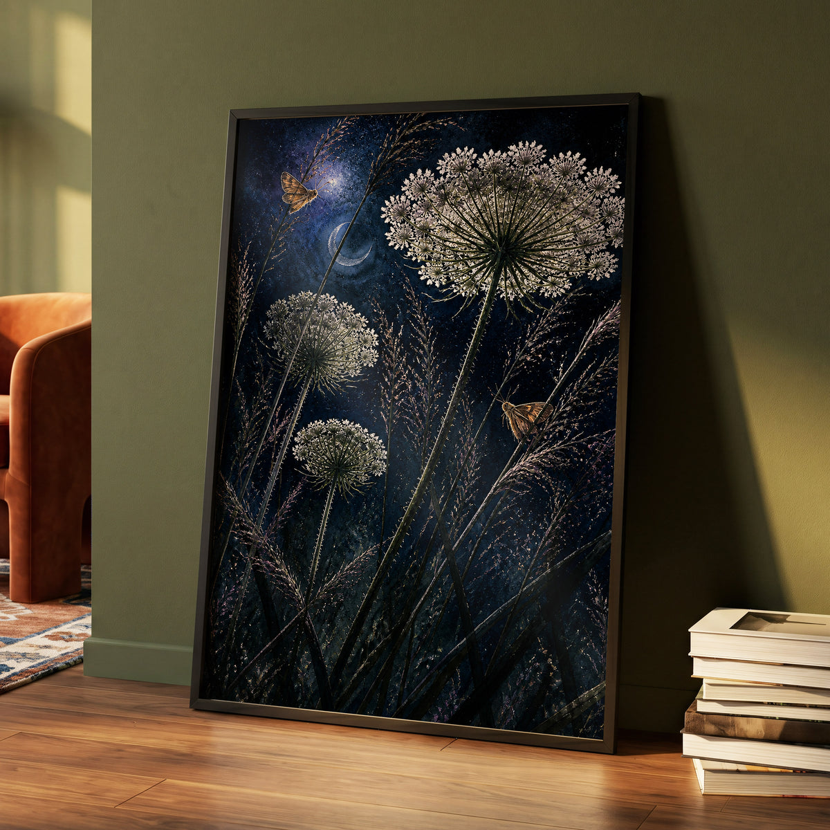 Moonlit Meadow Lace, blue, black, green floral wall art displayed in a styled interior, gallery view 9