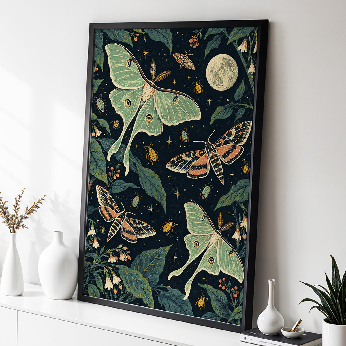 Moonlit Moth Garden, black, green, beige nature wall art displayed in a styled interior, gallery view 9