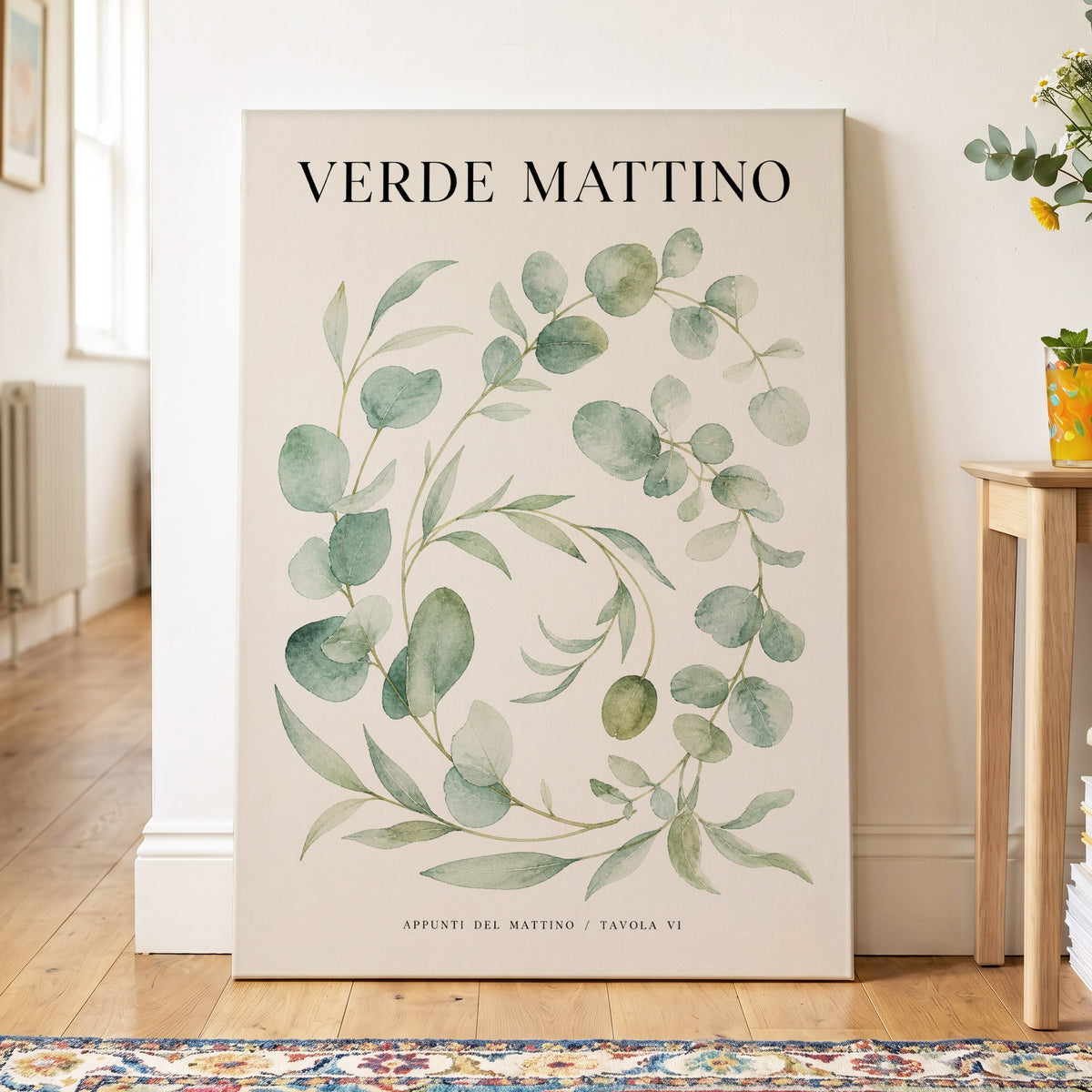 Morning Verde Study, green, beige, black nature wall art on canvas displayed in a styled interior, gallery view 2