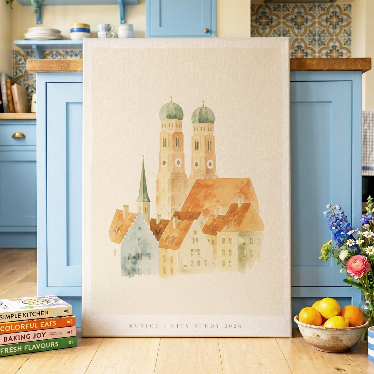 Munich in Soft Light, beige, orange, green minimalist wall art on canvas displayed in a styled interior, gallery view 2