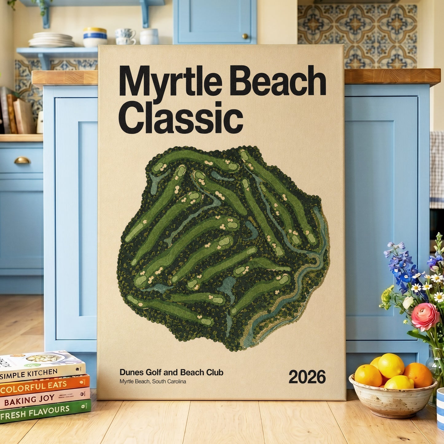 Myrtle Beach Fairways, green, beige, black nature wall art on canvas displayed in a styled interior, gallery view 2